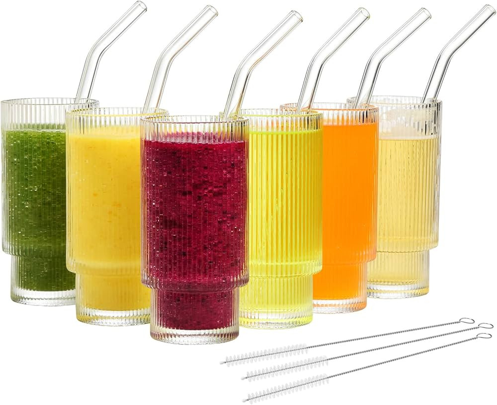 NINU Ribbed Drinking Glasses with Glass Straws 6pcs Set, Vintage Iced Coffee Cups Glassware, Orig... | Amazon (CA)