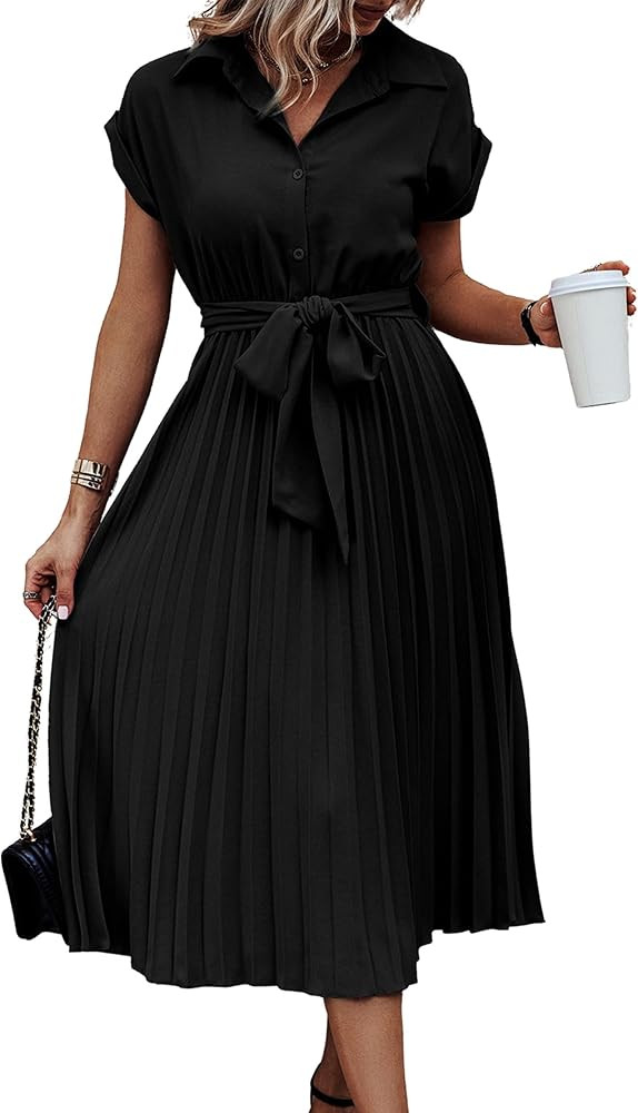 ECOWISH Womens Casual Midi Dresses Solid V Neck Short Sleeve Button Shirt Belted Dress with Pockets  | Amazon (US)