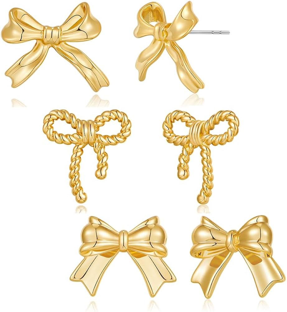 3 Pairs Gold Bow Stud Earrings Set For Women Small Cute Bow Studs Present | Amazon (US)