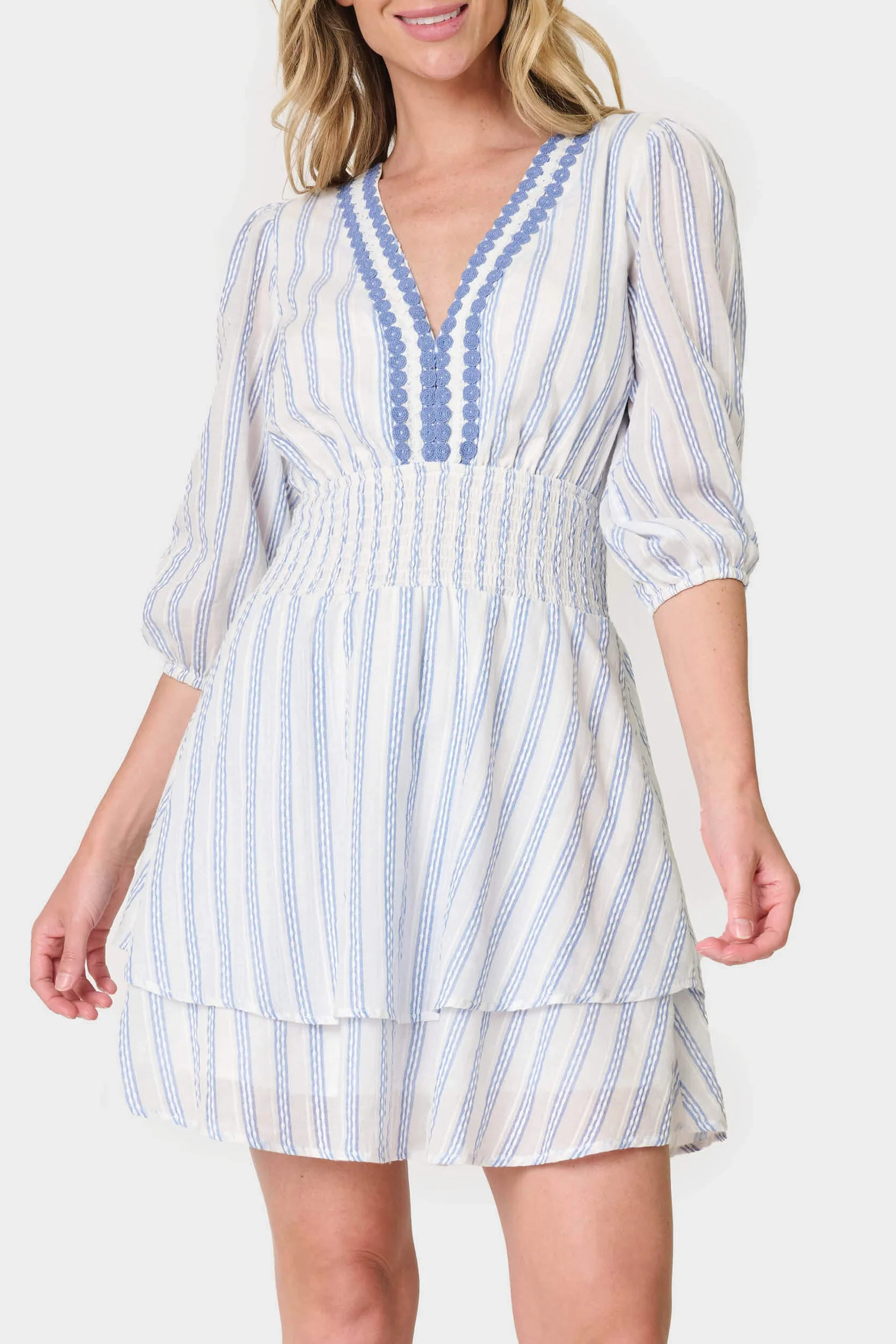 Vista Trimmed V-Neck Smocked Dress | Gibson