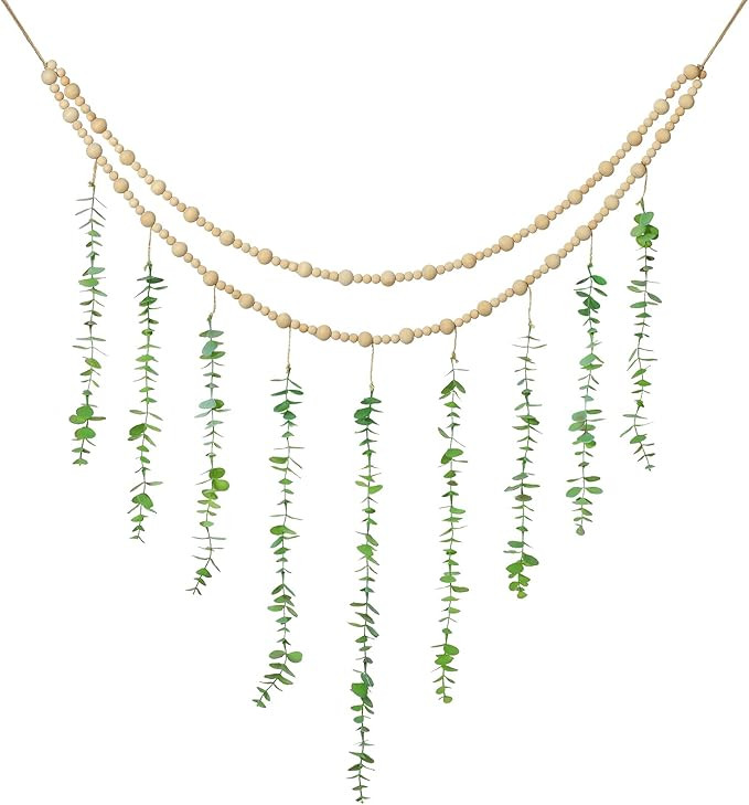 Hanging Eucalyptus Boho Wall Decor Large Boho Bedroom Wall Hanging Wooden Bead Garland Artificial... | Amazon (US)