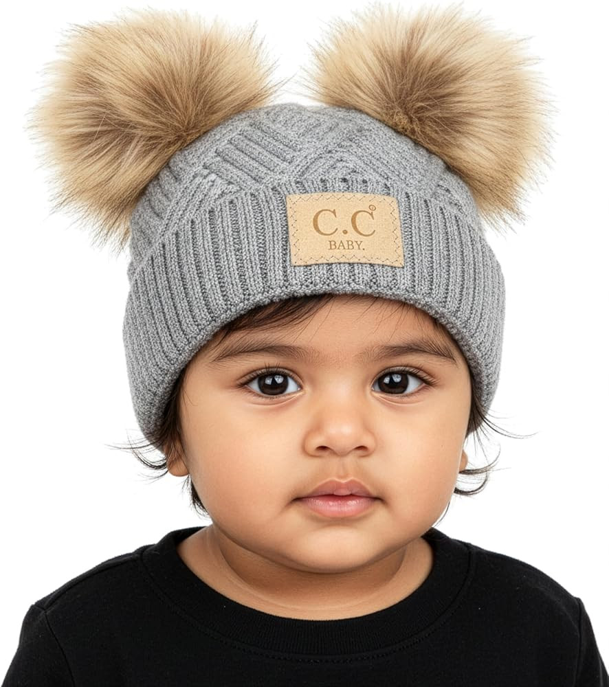 Funky Junque Double Pom Pom Baby Beanie – Newborn Girl Winter Hat 0–12 Months, Cute Cozy Knit... | Amazon (US)