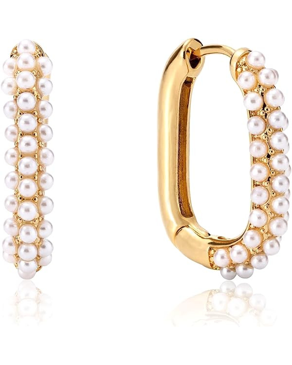 Gold Pearl Hoop Earrings for Women | 18K Gold Huggie Dangle Earrings | Lightweight Small Gold Hoo... | Amazon (US)