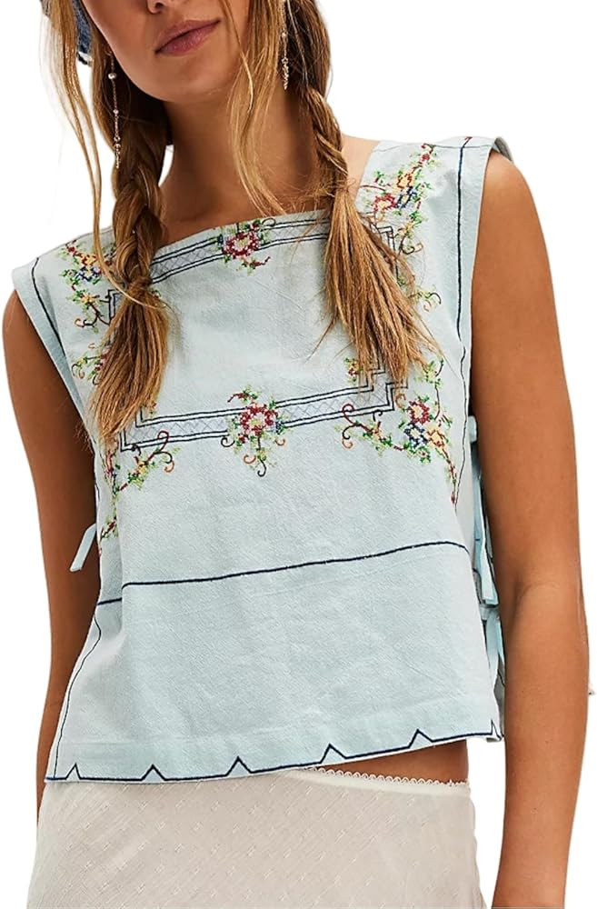 Womens Side Tie Tank Tops Summer Floral Embroidered Sleeveless Square Neck Boho Babydoll Casual C... | Amazon (US)