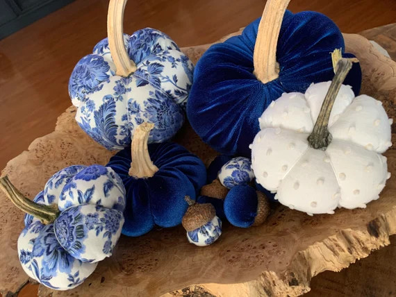 Navy velvet pumpkins with real stems, velvet acorns, Thanksgiving decor, farmhouse decor, wedding... | Etsy (US)