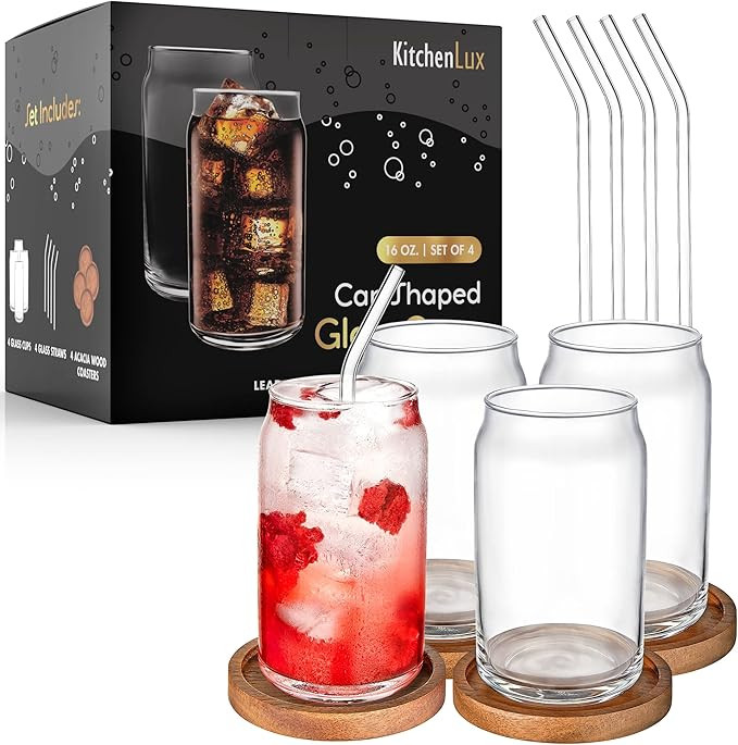 16 oz Can Shaped Glass Cups, Set of 4, Aesthetic Soda Can Cup Clear Glass Tumbler Beer Glasses, T... | Amazon (US)