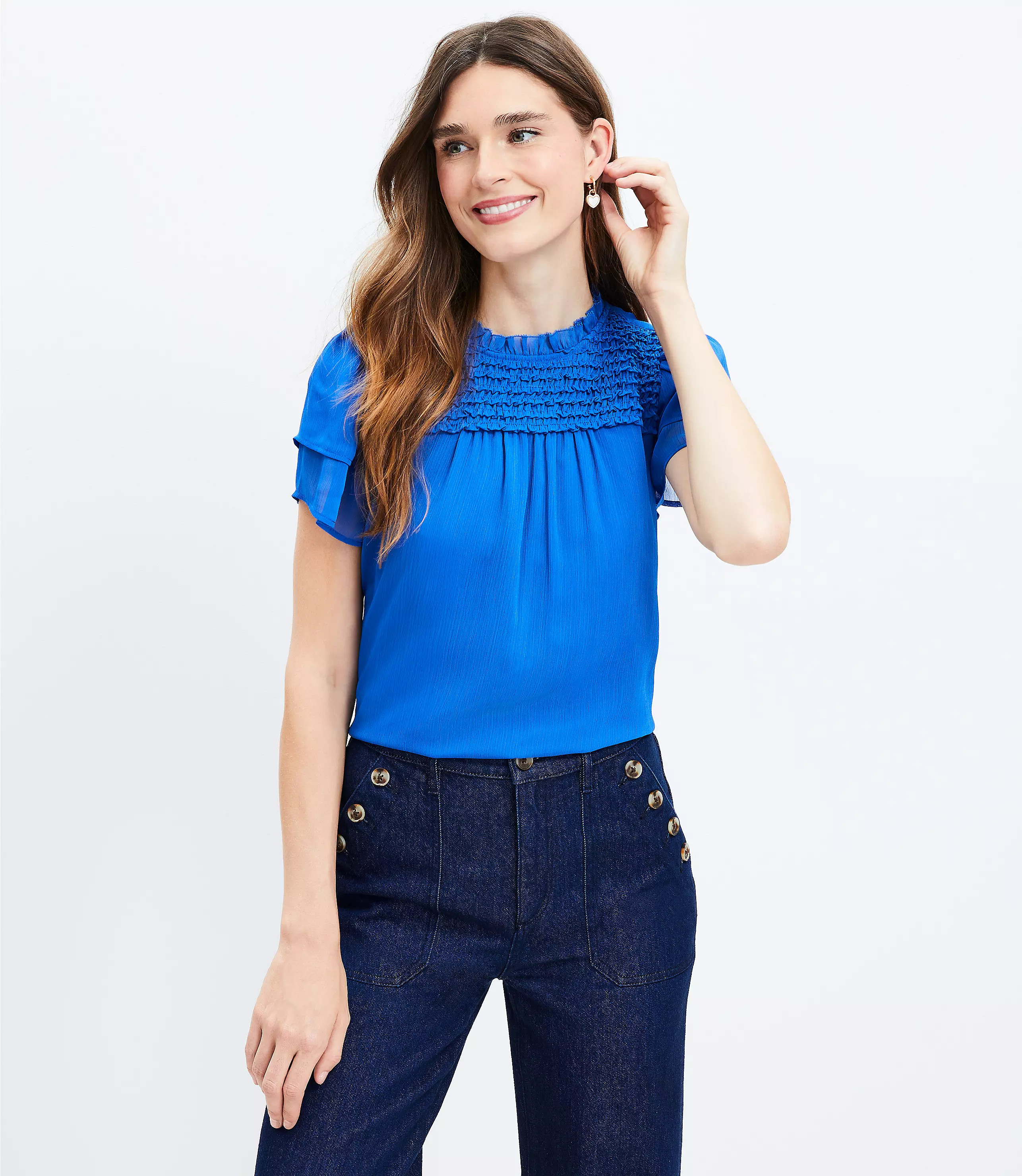 Ruffle Yoke Flutter Sleeve Top | LOFT