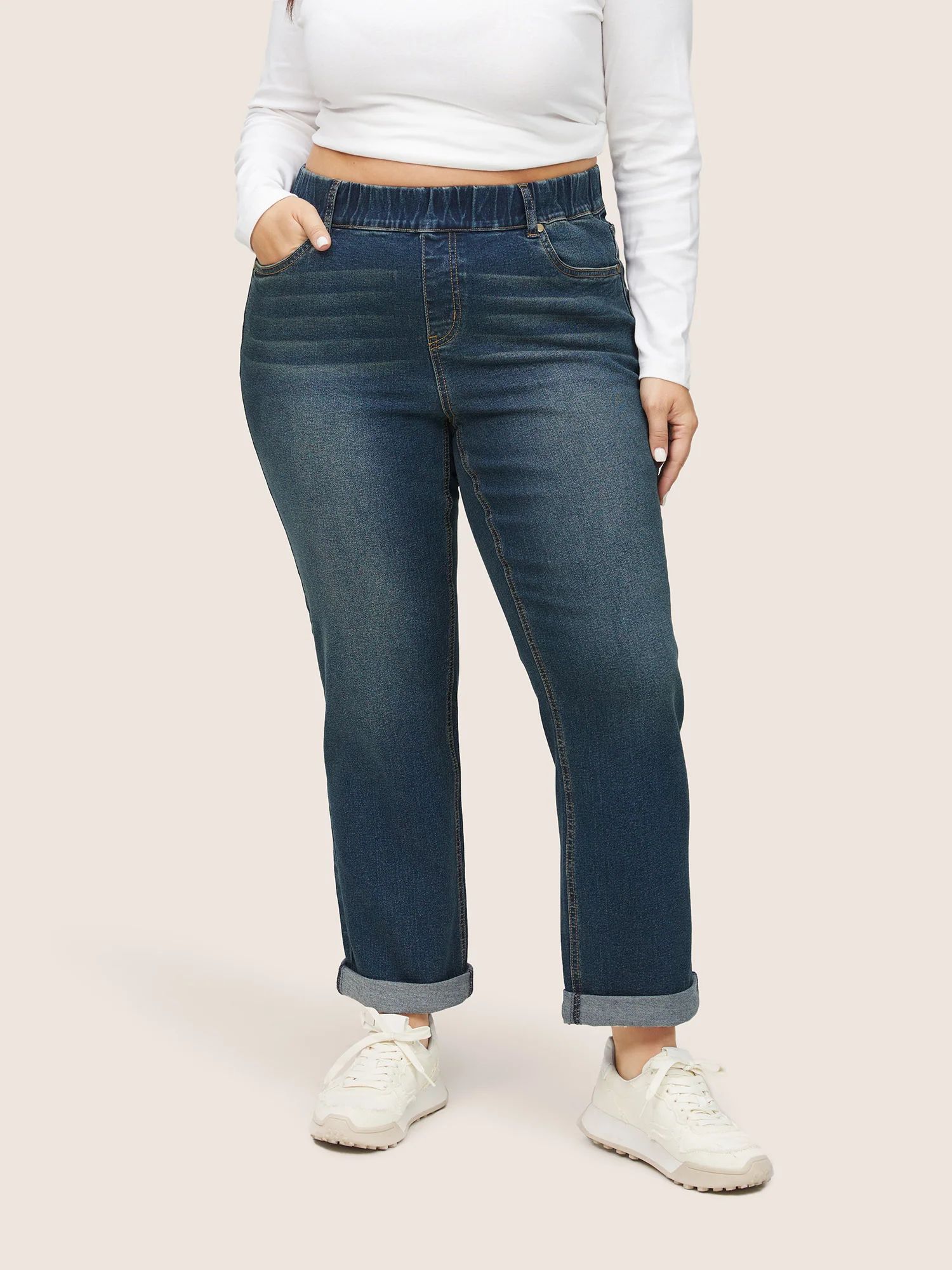 Elastic Waist Roll Hem Ankle Jeans | Bloomchic