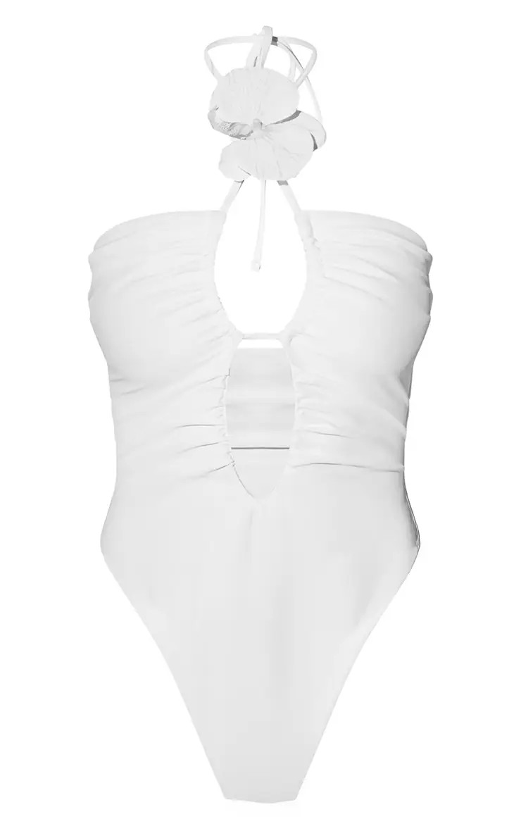 White Key Hole Flower Trim Swimsuit | PrettyLittleThing US