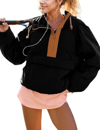 Ynhonra Womens Crew Neck Pullover Puffer Long Sleeve Loose Jacket Half Zip Hooded Coat with Drawstring(Black-XS) | Amazon (US)