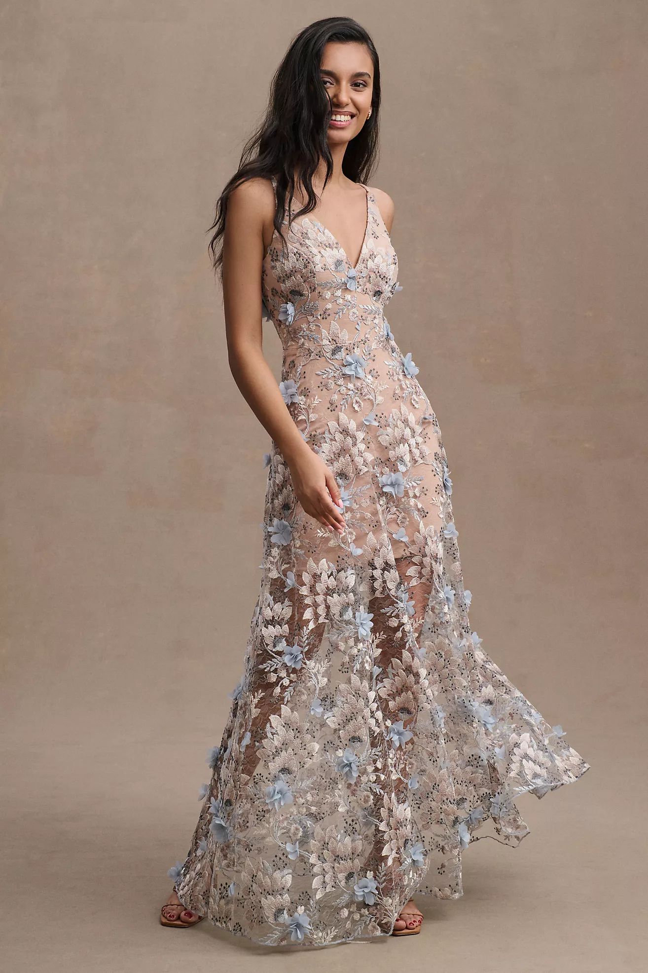 Dress The Population Sidney A-Line Sheer Lace Floral Appliqué Gown | Anthropologie (US)