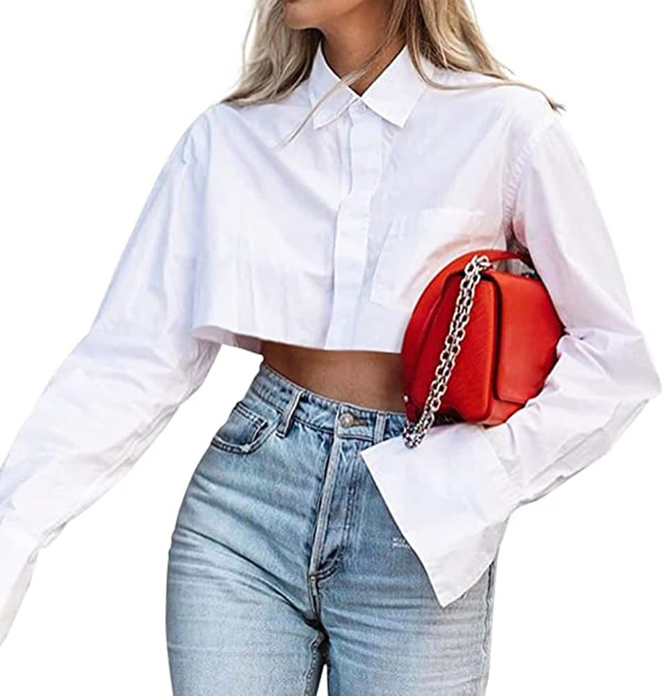 MISSACTIVER Women Solid Long Sleeve Button Up Crop Shirt Turn-Down Collar Irregular Loose Fitting... | Amazon (US)