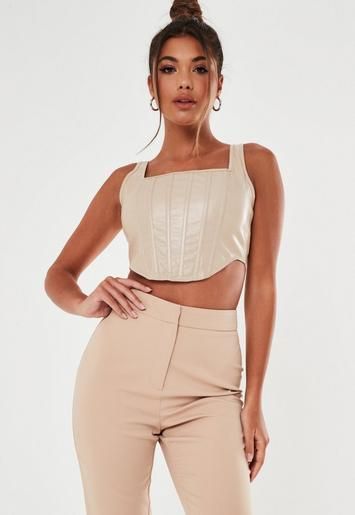 Sand Faux Leather Corset Crop Top | Missguided (UK & IE)
