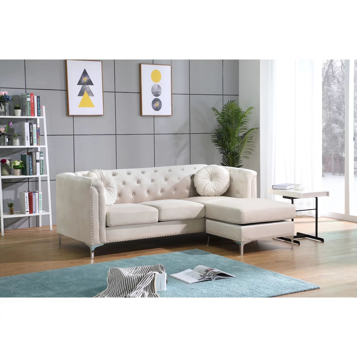 Glory Furniture Pompano Velvet Button Tufted Sofa with Chaise Ivory | Walmart (US)