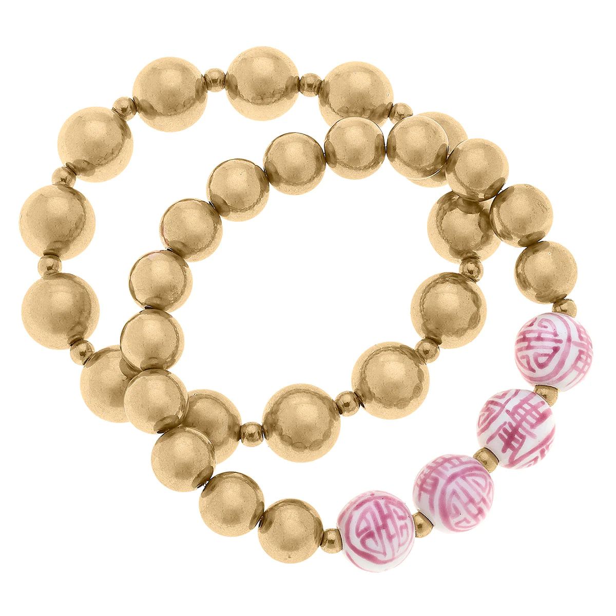 Heidi Chinoiserie & Ball Bead Stretch Bracelets in Pink & White - Set of 2 | CANVAS