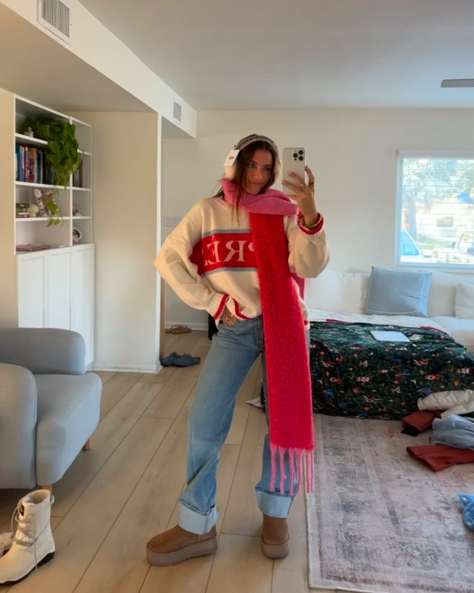 i feel like cute winter accessories like the earmuffs or a colorful scarf make the cutest gift ideas❄️🎁 

winter outfit, apres ski, denim jeans, platform ugg, scarf, holiday outfitt

#LTKHoliday #LTKGiftGuide #LTKSeasonal