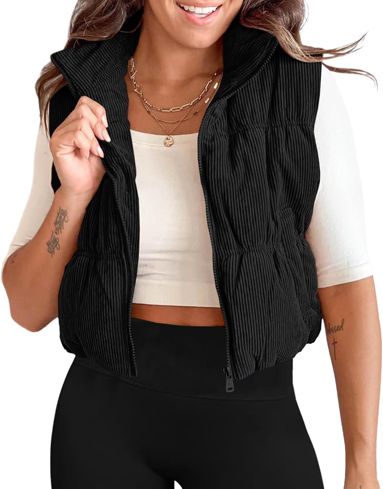 Tankaneo Womens Cropped Puffer Vest Corduroy Lightweight Sleeveless Padded Coat Zip Up Warm Outer... | Amazon (US)