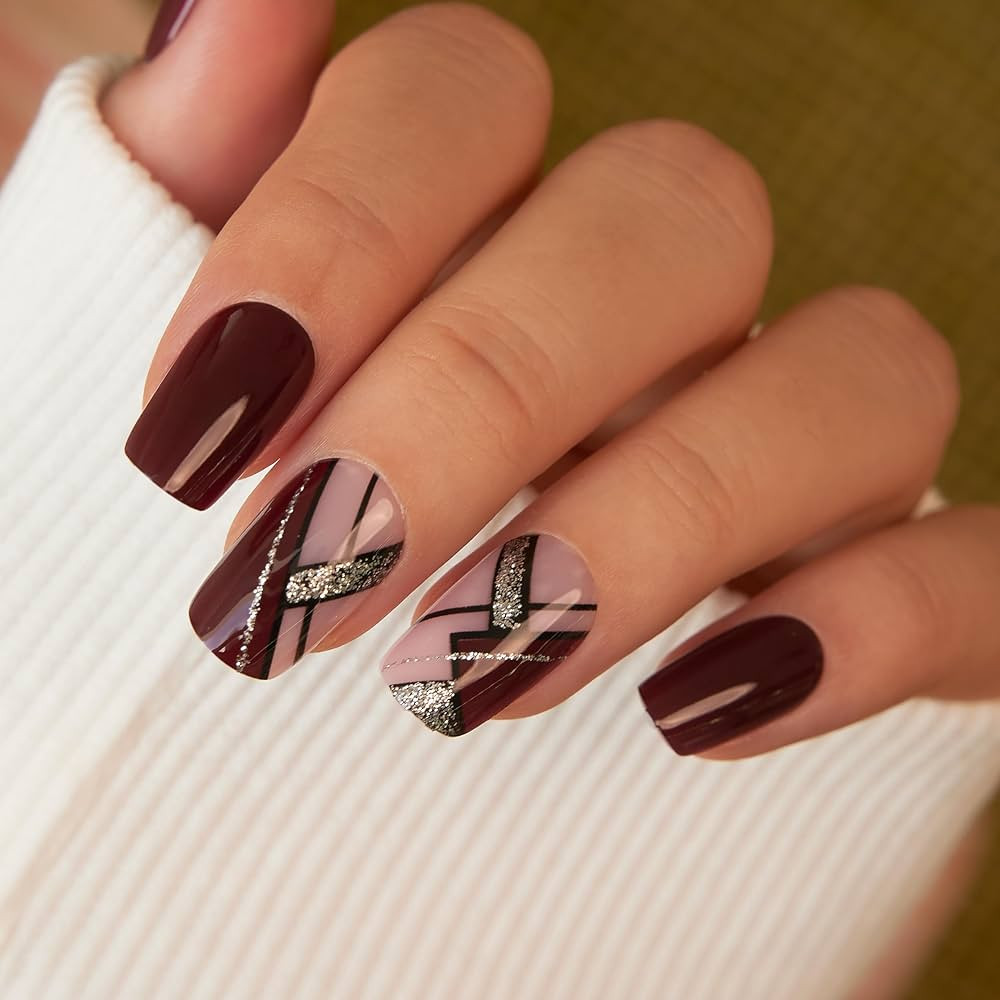CurvLife Press on Nails Short Square Pink Brown False Acrylic Fake Nails with Apricot Design Full... | Amazon (US)