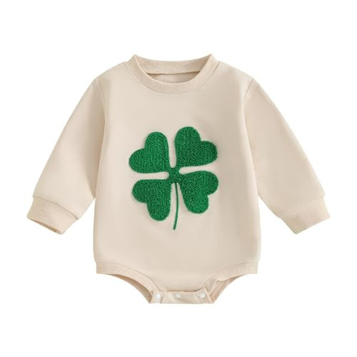 Baby Girl Boy St. Patrick's Day Clothes Little Lucky Charm Sweatshirt Bubble Romper Long Sleeve Bodysuit Shirt Top (Beige, 6-12 Months) | Amazon (US)
