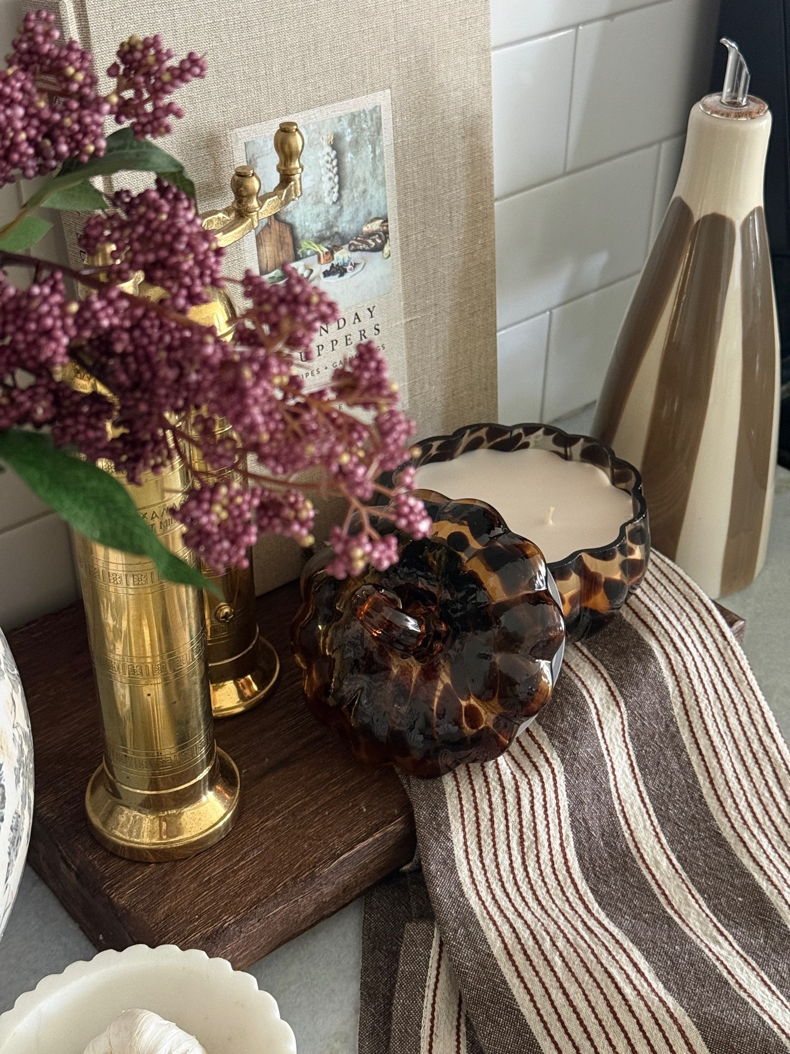 Fall counter decor. Fall candle. Fall kitchen counter decor