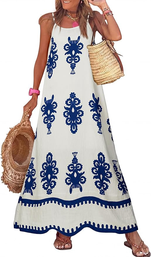 Glamaker Womens Summer Dresses 2026 Casual Floral Spaghetti Strap Flowy Maxi Dress Boho Sleeveles... | Amazon (US)