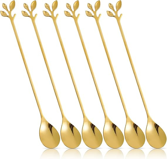 6Pcs Gold Leaf Long Tea Spoons for Stirring, 7.4 Inch Stainless Steel Stir Spoons for Coffee Tea ... | Amazon (US)