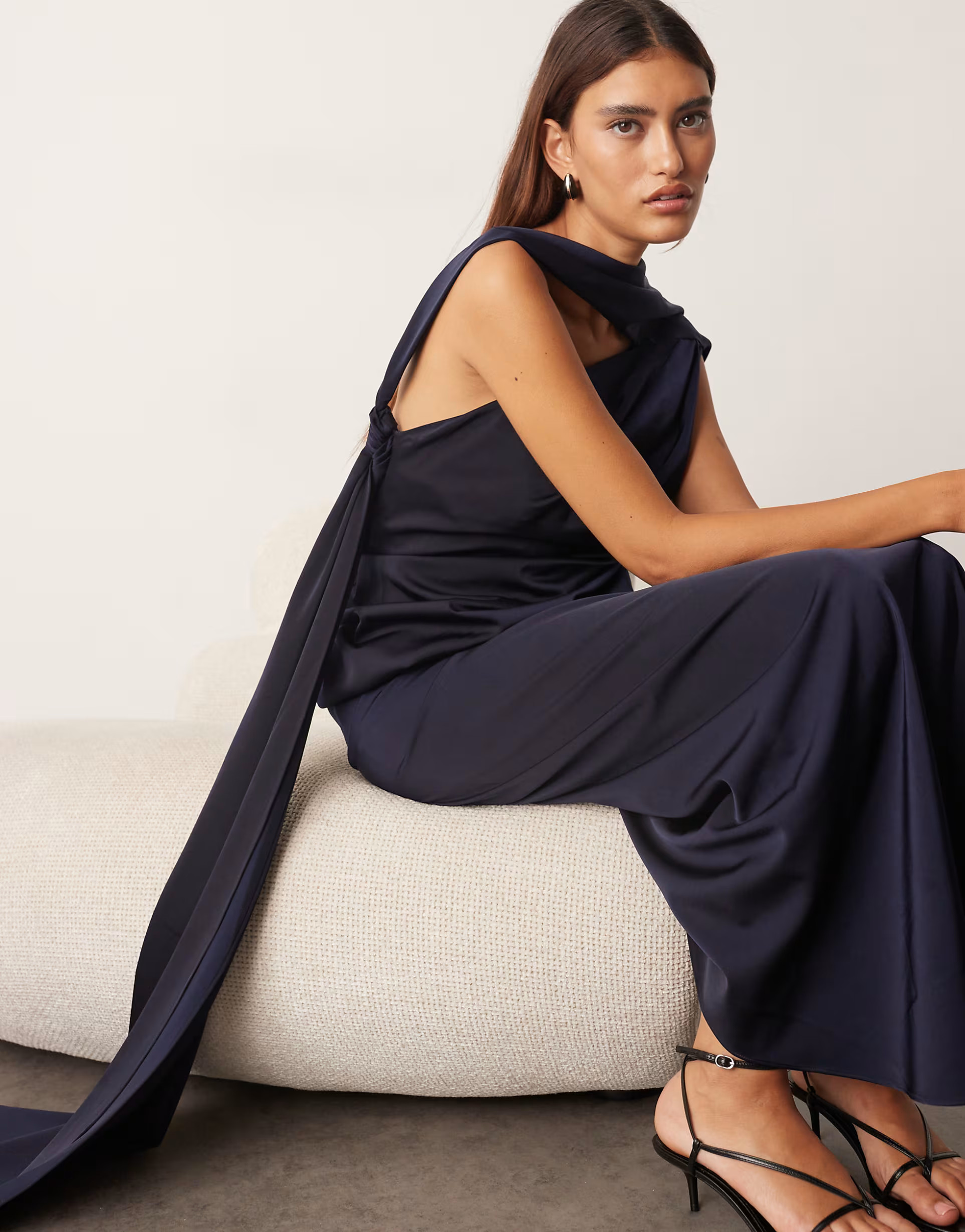 ARRANGE scarf neck draped maxi dress with low back and train in navy | ASOS (Global)