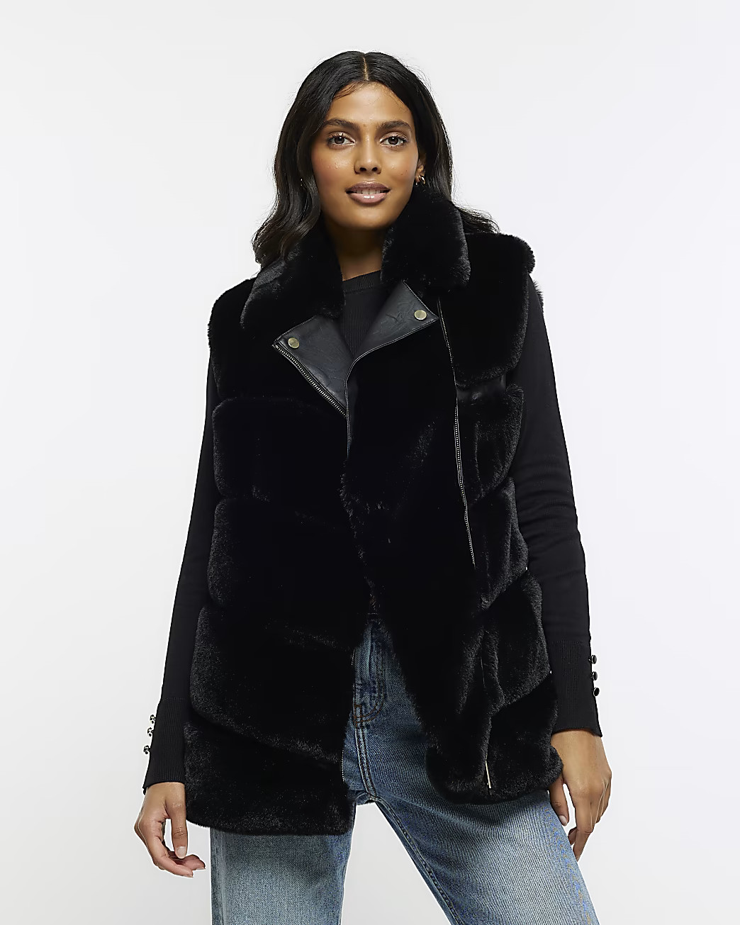 Black faux fur biker gilet | River Island (UK & IE)