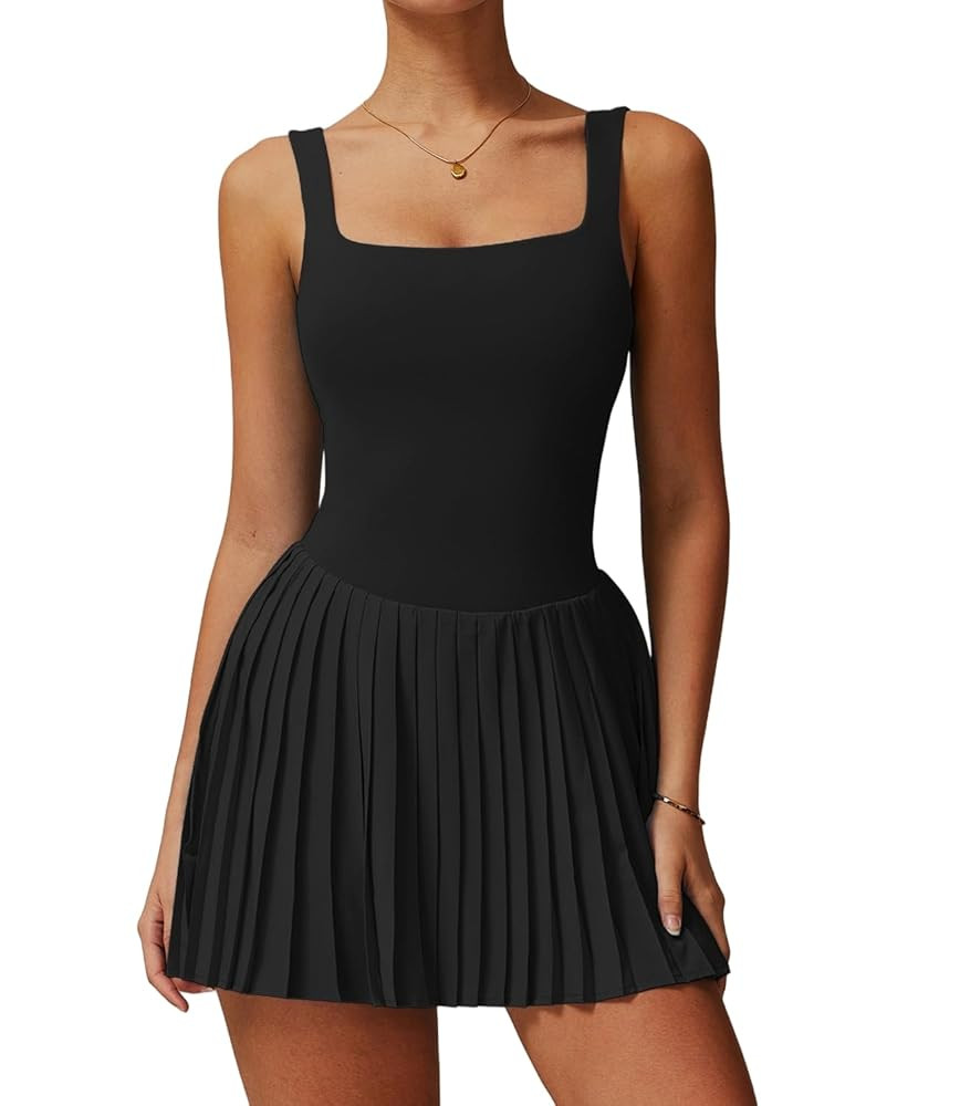 Womens Square Neck Tennis Dress Pleated Sleeveless Backless Built in Shorts Golf Athletic Dress w... | Amazon (US)