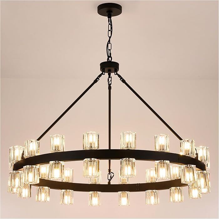 PiLiXiaoWz Black Wagon Wheel Chandelier with Crystal Shade, 36 Inch, 36 Lights, Large Modern Luxu... | Amazon (US)
