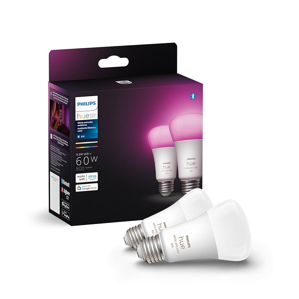 Philips Hue Smart 60W A19 LED Bulb - White and Color Ambiance Color-Changing Light - 2 Pack - 800... | Amazon (US)