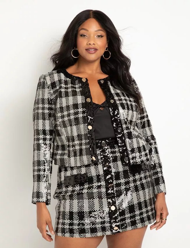 Plaid Sequin Crop Jacket - Black + White Plaid | Eloquii