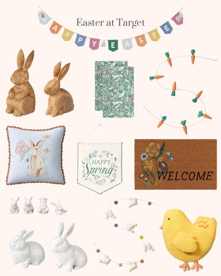 Easter home collection at Target. 2 pack bunnies hand towels. Large wooden decorative bunny. Happy Easter garland. Large white ceramic bunny. Carrot garland. Small white ceramic bunny. 4 mini white ceramic bunnies. Bunny garland. Happy spring wall sign. Floral welcome door mat. Chicken Easter throw pillow. Square bunny throw pillow  

#LTKfindsunder50 #LTKhome