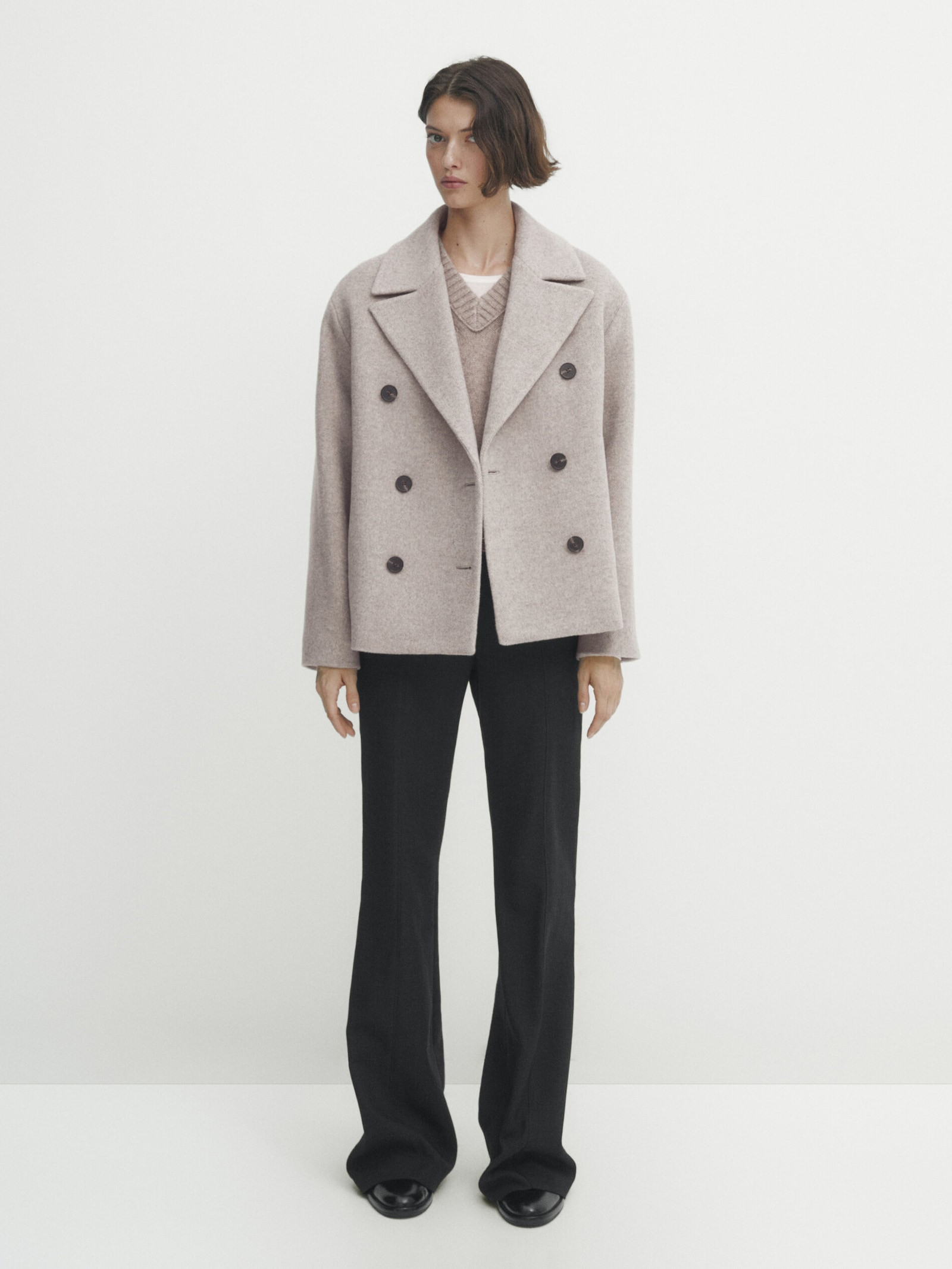 Grey short twill pea coat | Massimo Dutti US