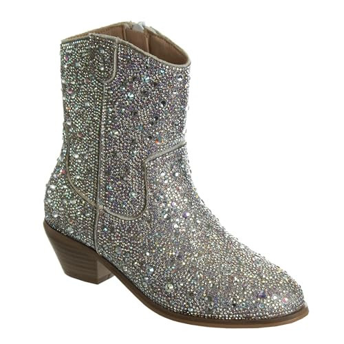 Josmo Girls Sparkly Rhinestone Boots Glitter Western Ankle Cowgirl Boots Silver Size 1 Big Kid | Amazon (US)