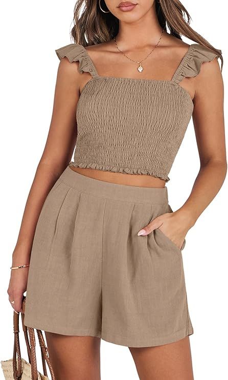 ANRABESS Women's 2 Piece Outfits Summer Linen Sets Smocked Crop Tops Matching Shorts Lounge Set 2... | Amazon (US)