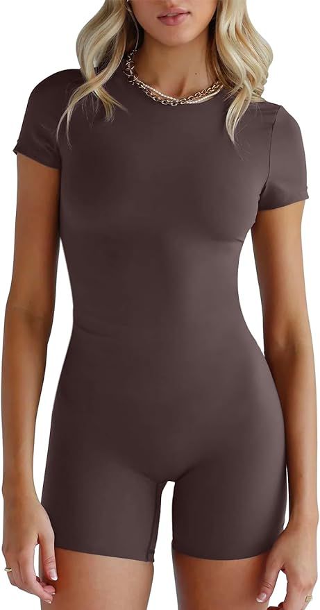 AUTOMET Womens Jumpsuits Unitard Bodysuit Workout Comfy High Neck Short Sleeve Zip Up 2023 | Amazon (US)