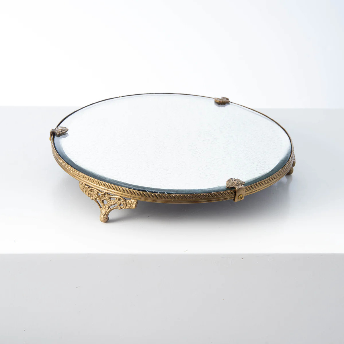 Antiqued Brass Trimmed Mirror Plateau Elegant Round Vanity Display Tray | Darby Creek Trading