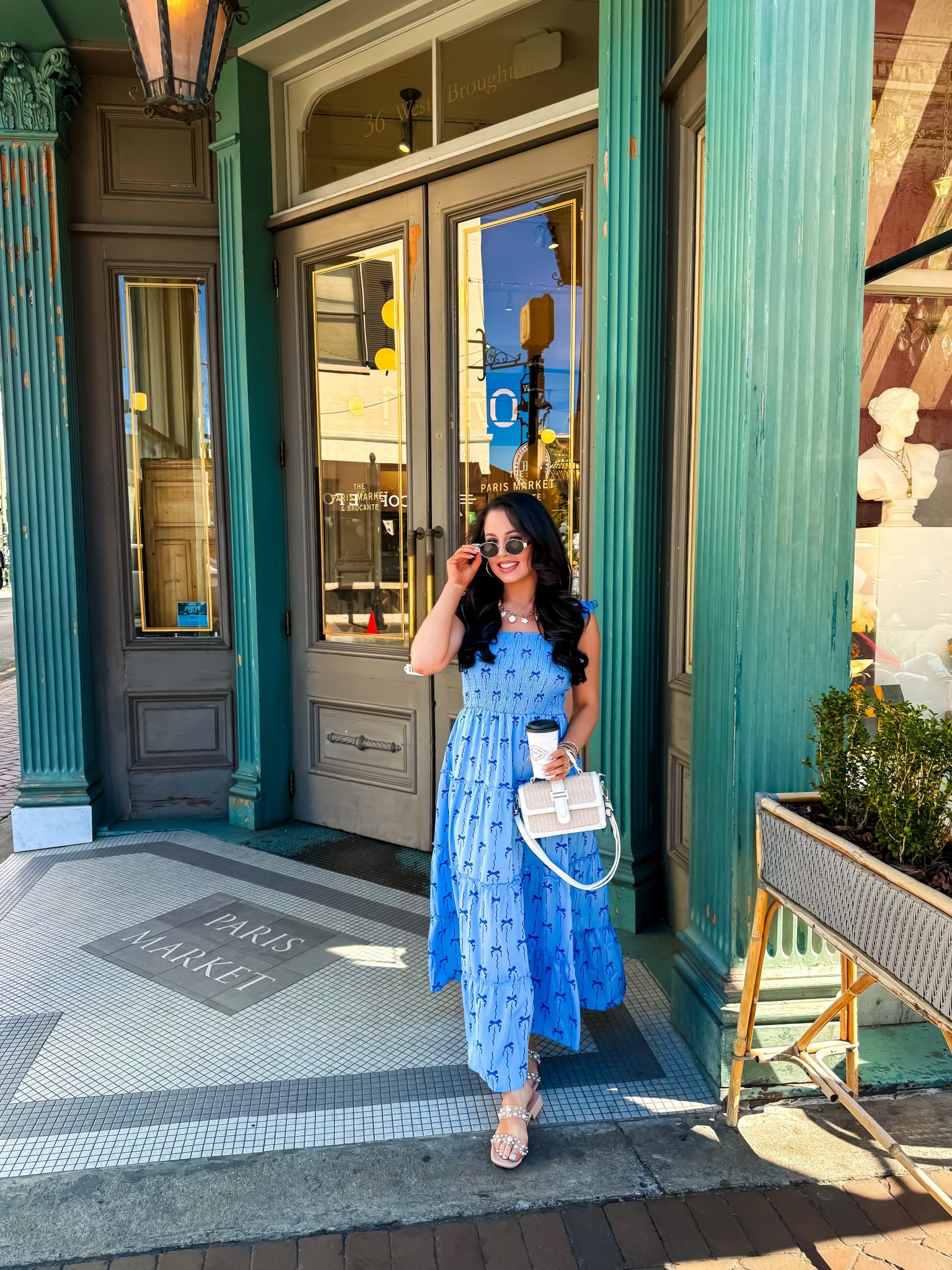 Under $40 Amazon bow smocked maxi dress (small, 5+ colors); under $30 Amazon pearl sandals (tts), under $15 Amazon oval gold sunglasses and under $30 Amazon rattan purse #founditonamazon 

#LTKFindsUnder50 #LTKWedding #LTKSaleAlert