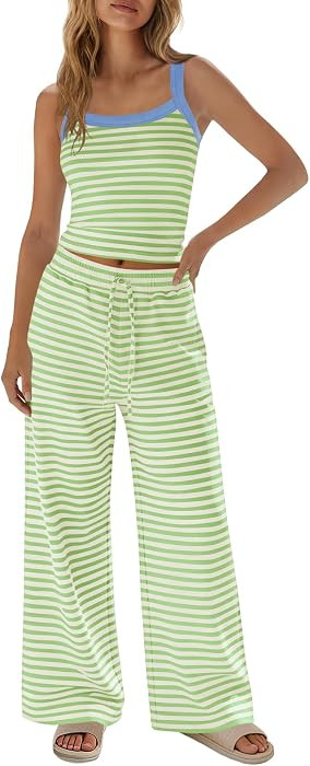 Yanekop Womens 2 Piece Pants Set Summer Striped Matching Lounge Set Sleeveless Casual Sets Vacati... | Amazon (US)