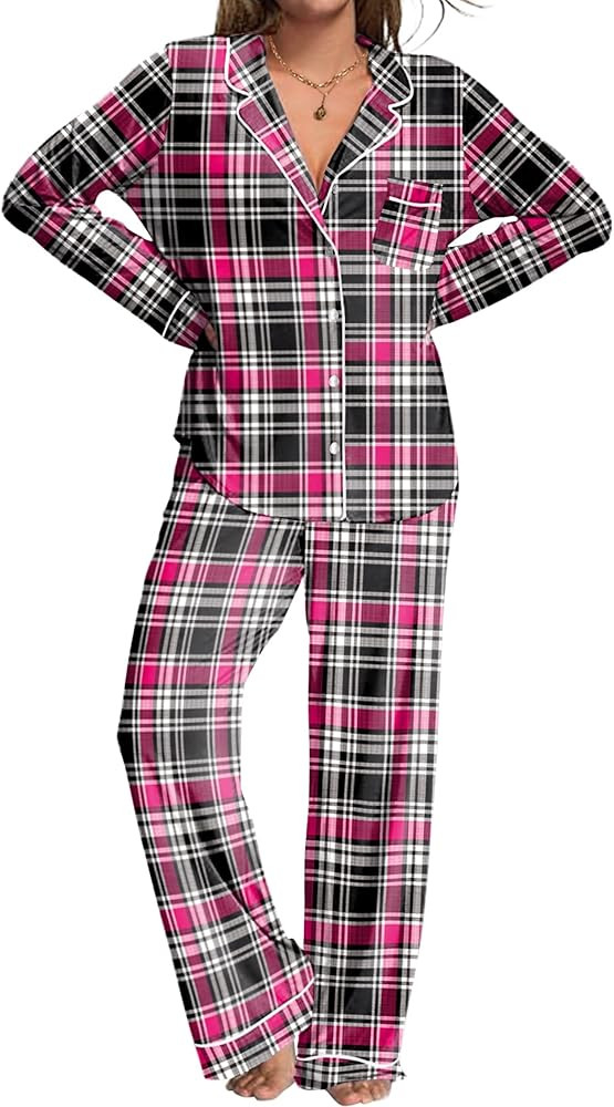 Ekouaer Womens Pajama Sets Plaid Printed Pjs Sets Button Down Long Sleeve Sleepwear Set Soft Loun... | Amazon (US)