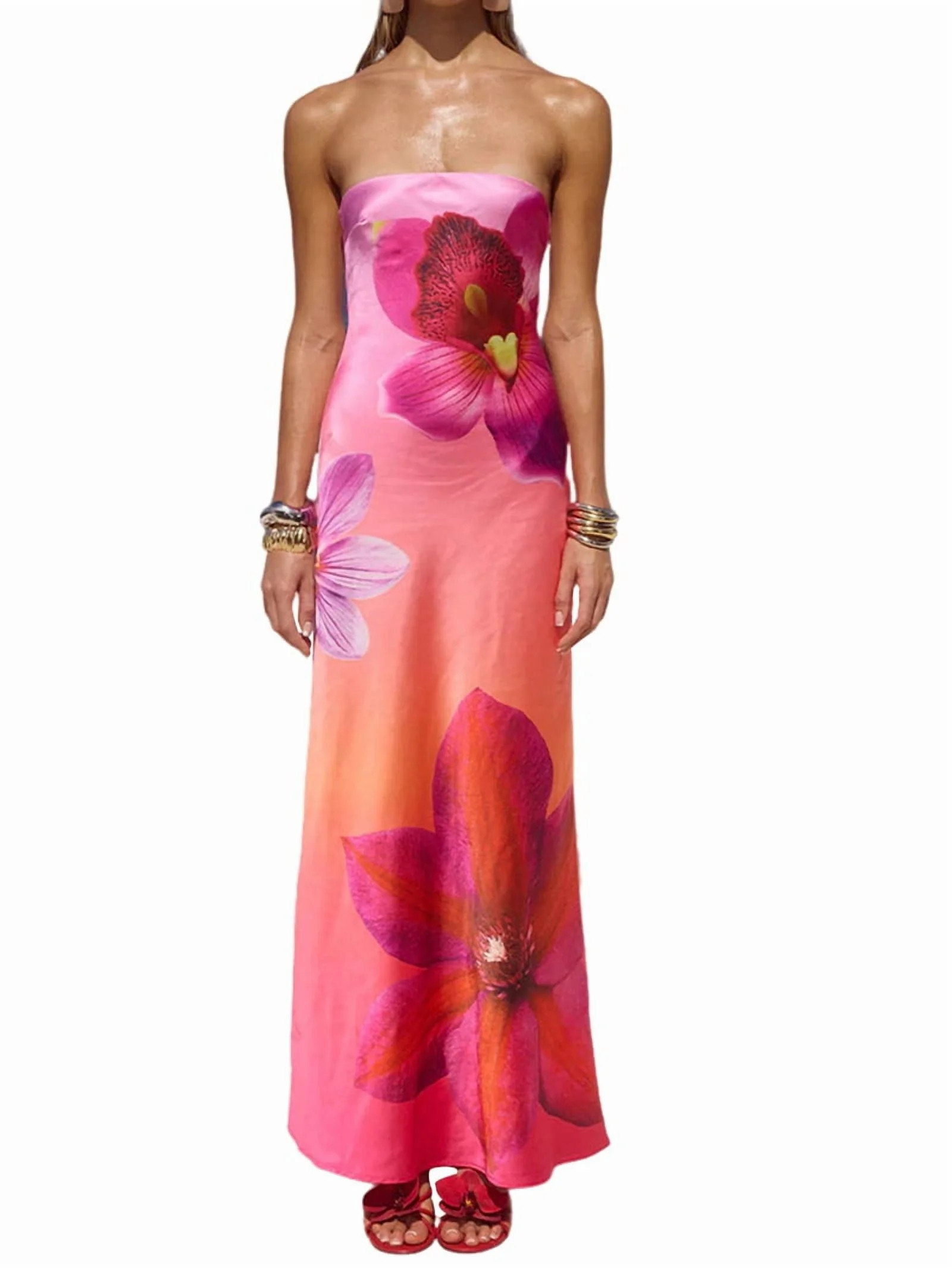 Women Y2k Strapless Maxi Dress Floral Print Tube Long Dress Boho Beach Sundress Going Out Streetw... | Walmart (US)