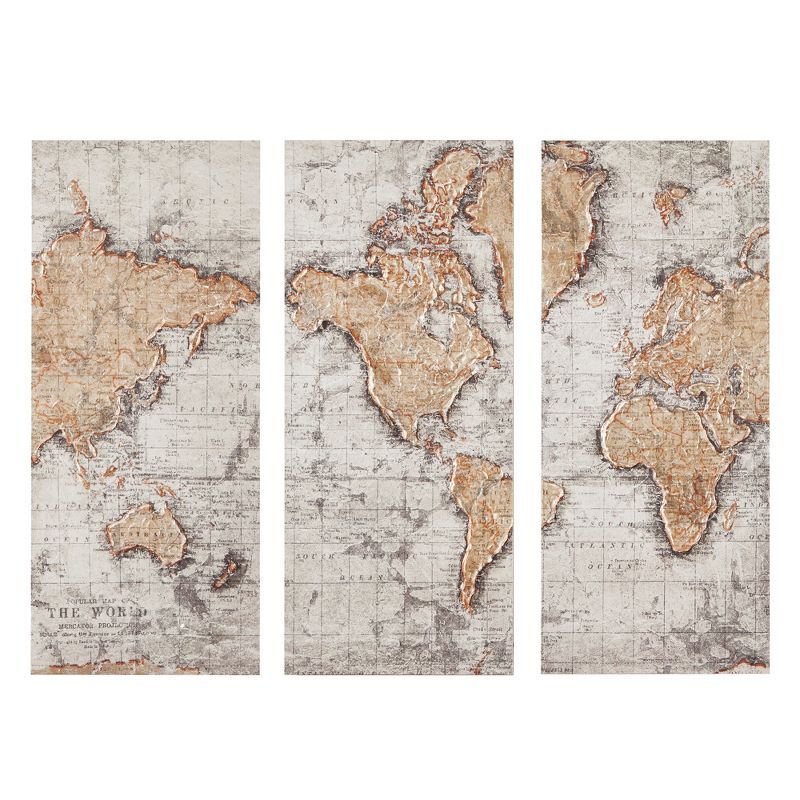 (Set of 3) 15" x 35" Map of The World Printed Canvas Natural | Target