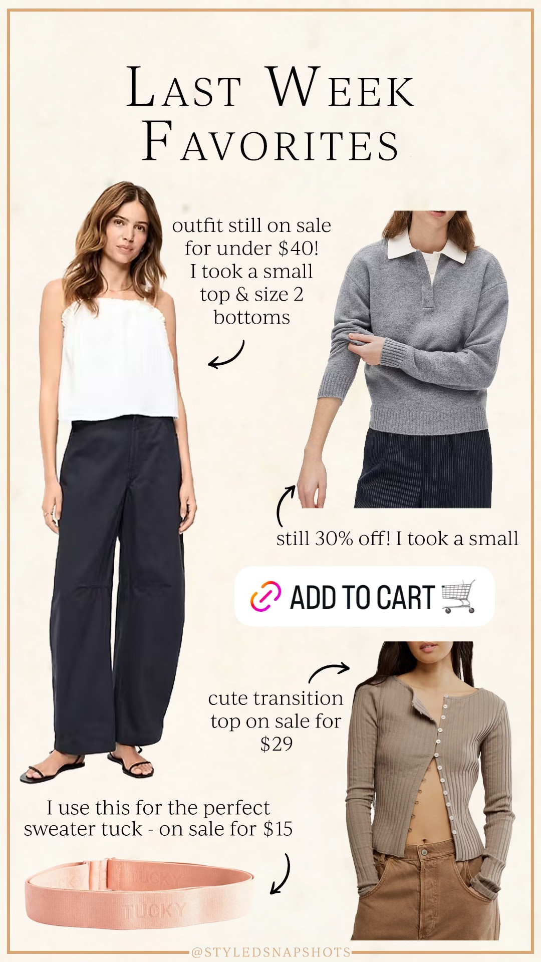 Last week follower favorites 
-all small tops 
-size 2R bottoms, I’m 5’5. They fit loosely like on the model which I prefer for this style 