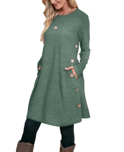 OFEEFAN Fall Dresses for Women 2026 Fall Outfits for Women 2026 Long Sleeve Dress Sweater Dresses Tunic Knee Length Dress Green M | Amazon (US)