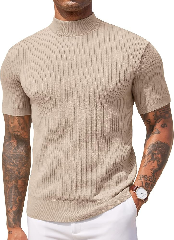 COOFANDY Men's Mock Turtleneck Sweater Short Sleeve Casual Basic Tops Ribbed Knit Pullover Solid ... | Amazon (US)
