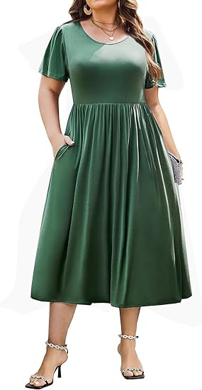 IN'VOLAND Women Plus Size Short Sleeve Dress Loose Summer Casual A-Line Flowy Midi Dresses with P... | Amazon (US)