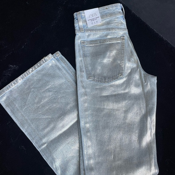 Zara Metallic Silver Straight Crop Jeans | Poshmark
