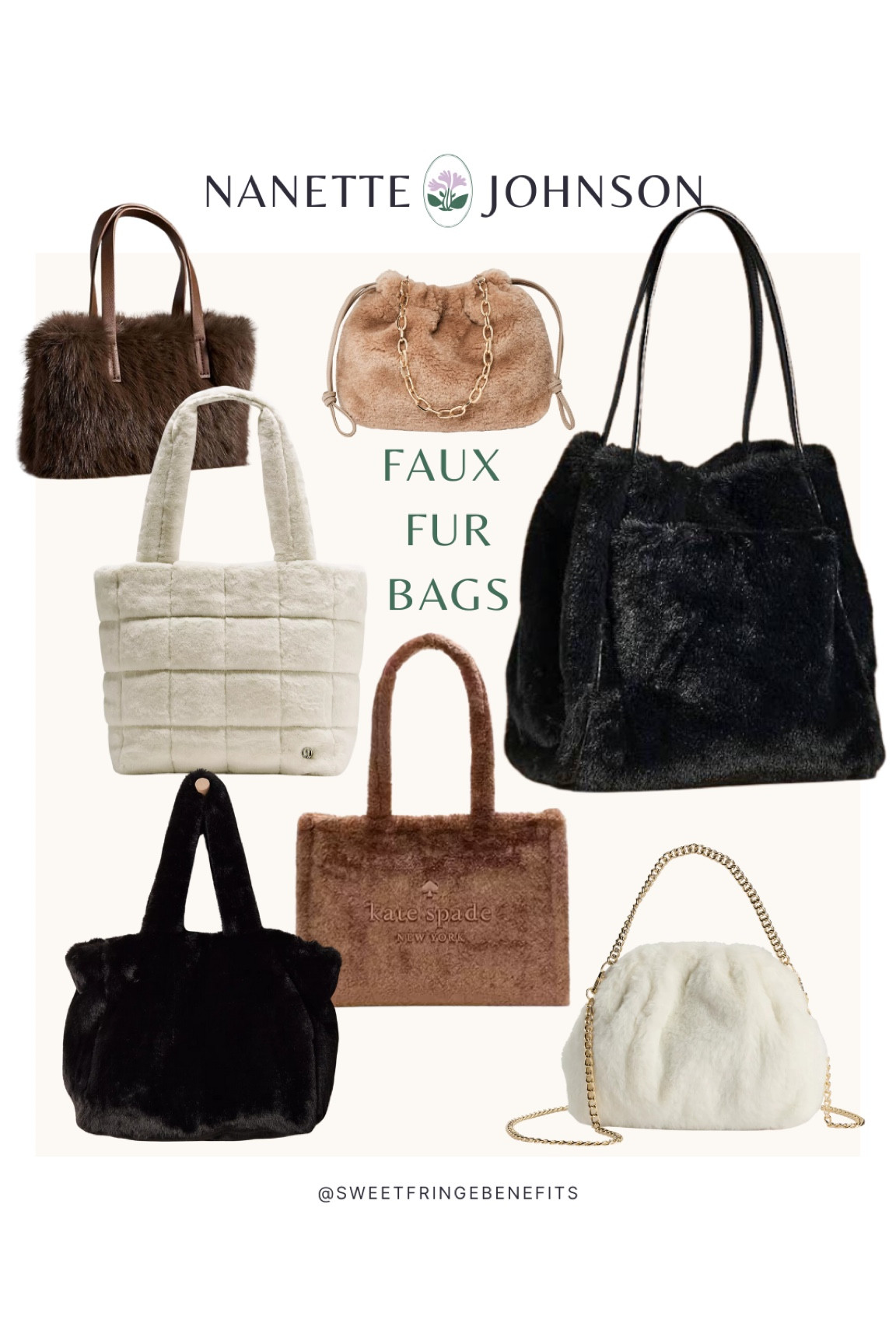 Faux fur is on trend in lots of way including bags—clutches to totes and lots in between.

Kate Spade faux-fur Anthropologie Hollace tote mini faux-fur tote Free People commuter tote Lululemon quilted grid tote plush fleece Target drawstring clutch Universal Thread clutch Ellie faux fur large tote Kohls Lauren Conrad LC clutch

#LTKSeasonal #LTKOver40 #LTKGiftGuide