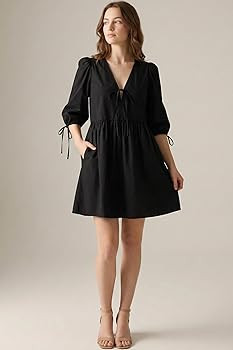 Women's Gingham Puff Sleeve Tie Front Babydoll Mini Dress | Amazon (US)